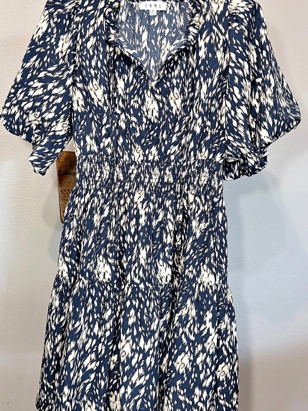 THML Boho Smocked A-Line Dress GEOMETRIC Print Blue/Beige V-Neck Puff Sleeve M